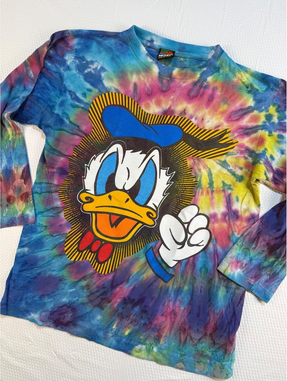 Vintage 90s M Disney Donald Duck Tie Dye Shirt 3/4 Sleeve Single Stitch Grunge